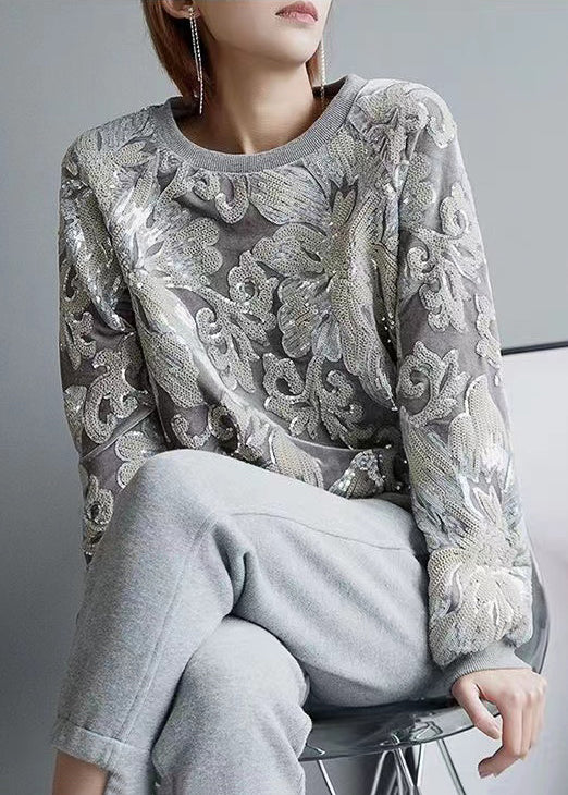 Handmade Grey O-neck Embroidered Sequins Velour Sweatshirt Fall