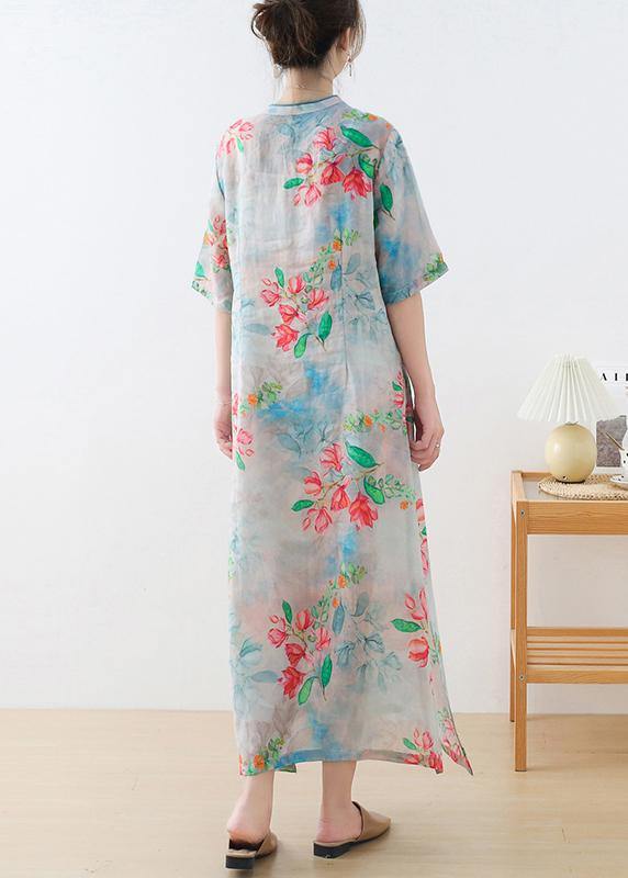 Blue Print Oriental Dresses Summer Ramie