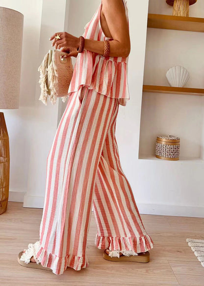 Pink Striped O-neck Top and Wide Leg Pants Two Piece Set Summer