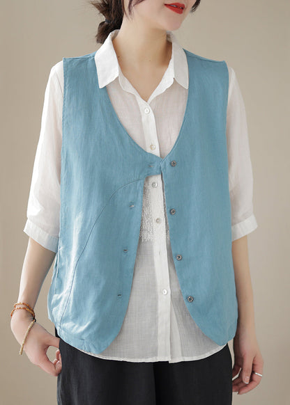 Simple Sky Blue V Neck Button Cotton Waistcoat Sleeveless