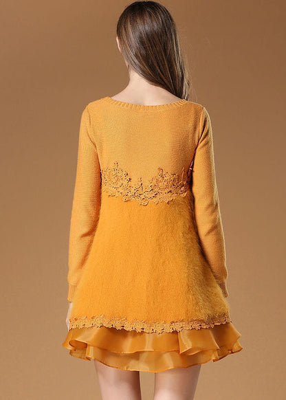 Yellow Side Open Organza Patchwork Fuzzy Fur Fluffy Mini Dresses Spring