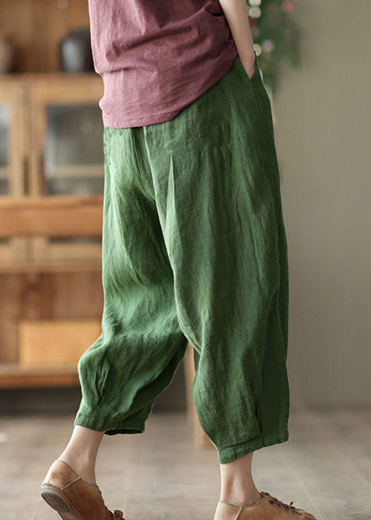 Green Pockets Print Elastic Waist Linen Harem Pants Summer