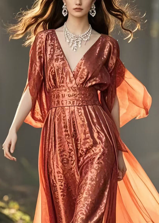 Brick Red Cinched Jacquard Silk Long Dresses Summer