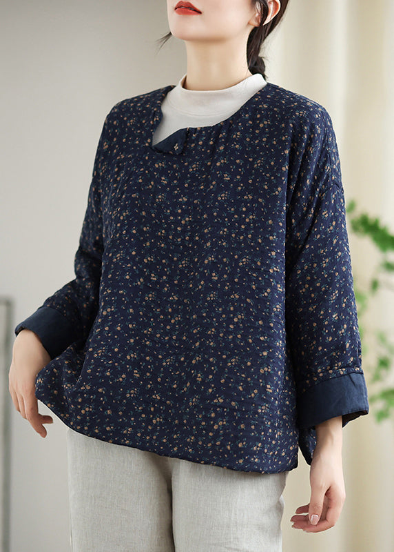 Navy O Neck Print Fine Cotton Filled Top Spring