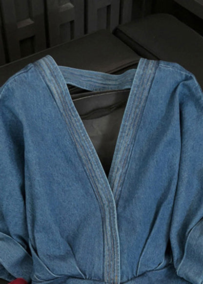 Blue Asymmetrical Bow Patchwork Denim Top Fall