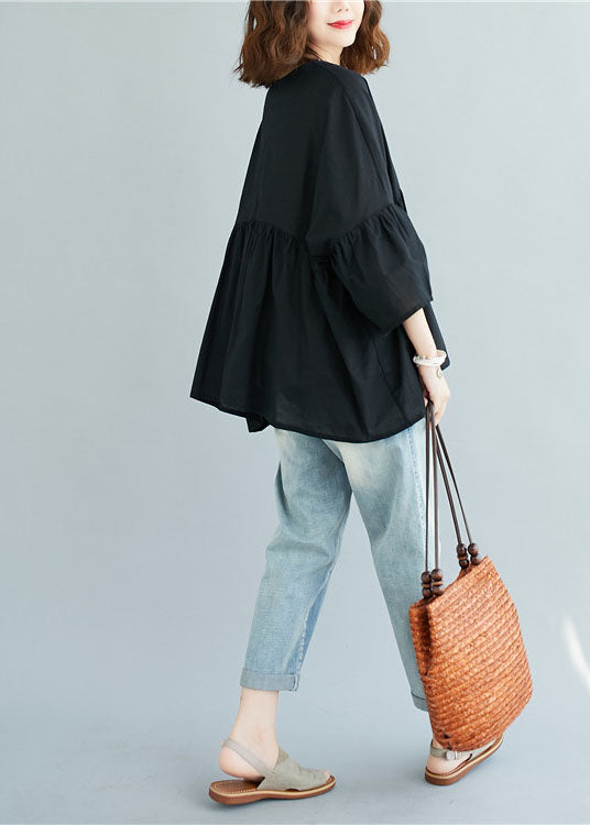 Black V Neck Patchwork Asymmetrical Design Fall Top Three Quarter Sleeve