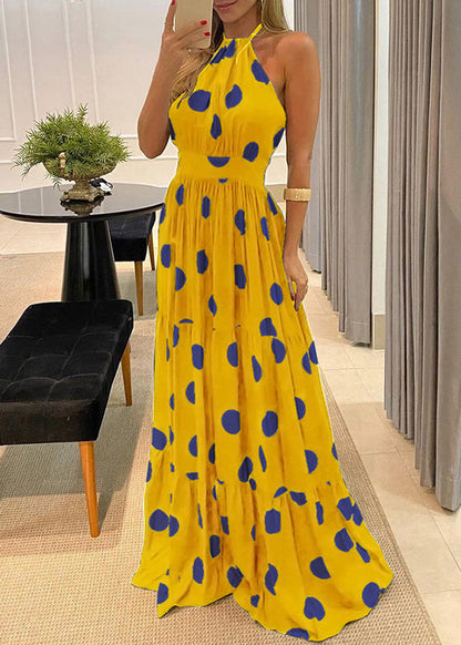 Green Dot Print Halter Backless Maxi Dress Sleeveless