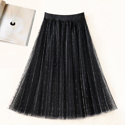 Black Elastic Waist Tulle Pleated Skirt Summer