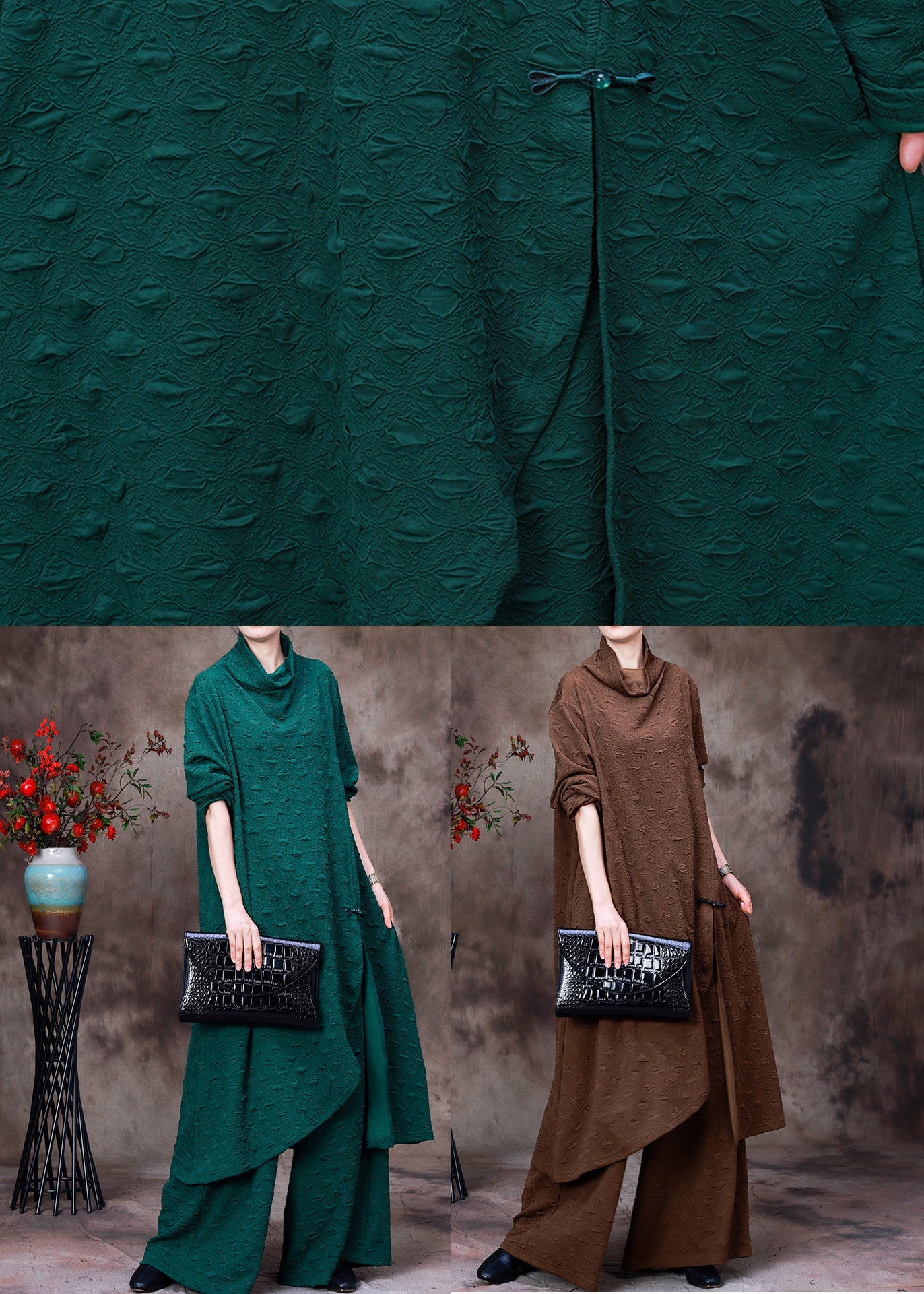 Coffee Turtleneck Low High Design Silk Top and Wide Leg Pants Two Piece Set Fall