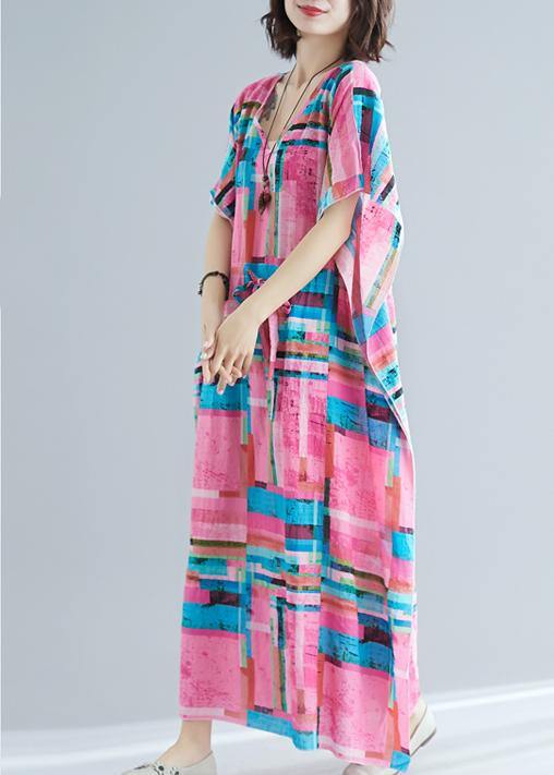 100% Pink Print Tunics V Neck Drawstring Long Summer Dresses