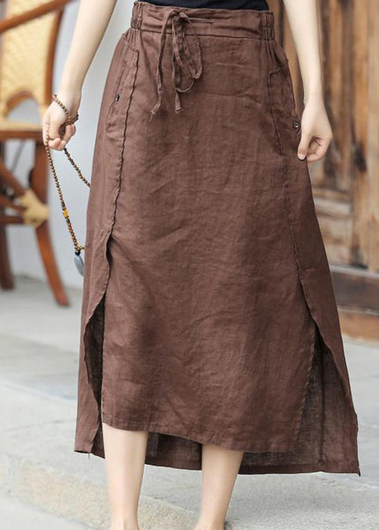 Brown Elastic Waist Tie Waist Asymmetrical Pockets Linen Skirt Spring