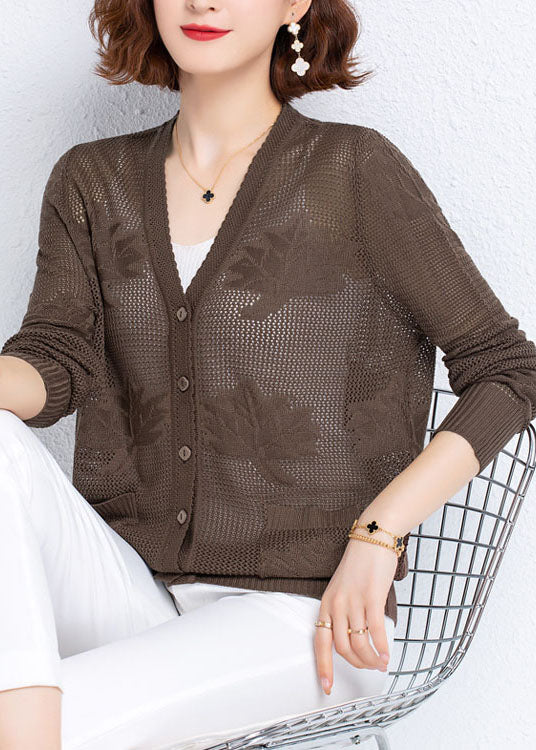 Khaki Hollow Out Embroidered Patchwork Thin Knit Cardigan Fall