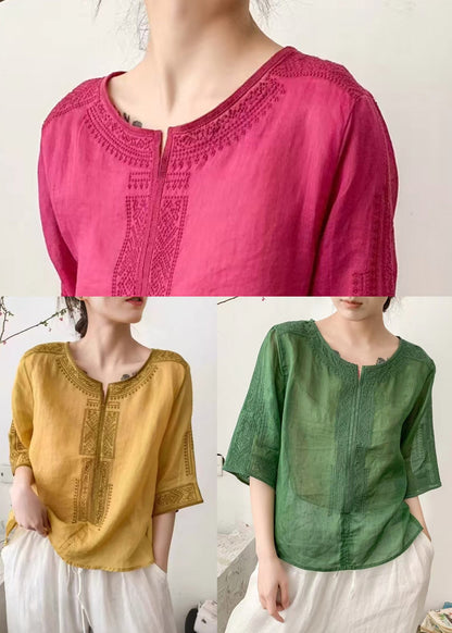 Handmade Yellow Embroidered Linen Loose Shirt Summer