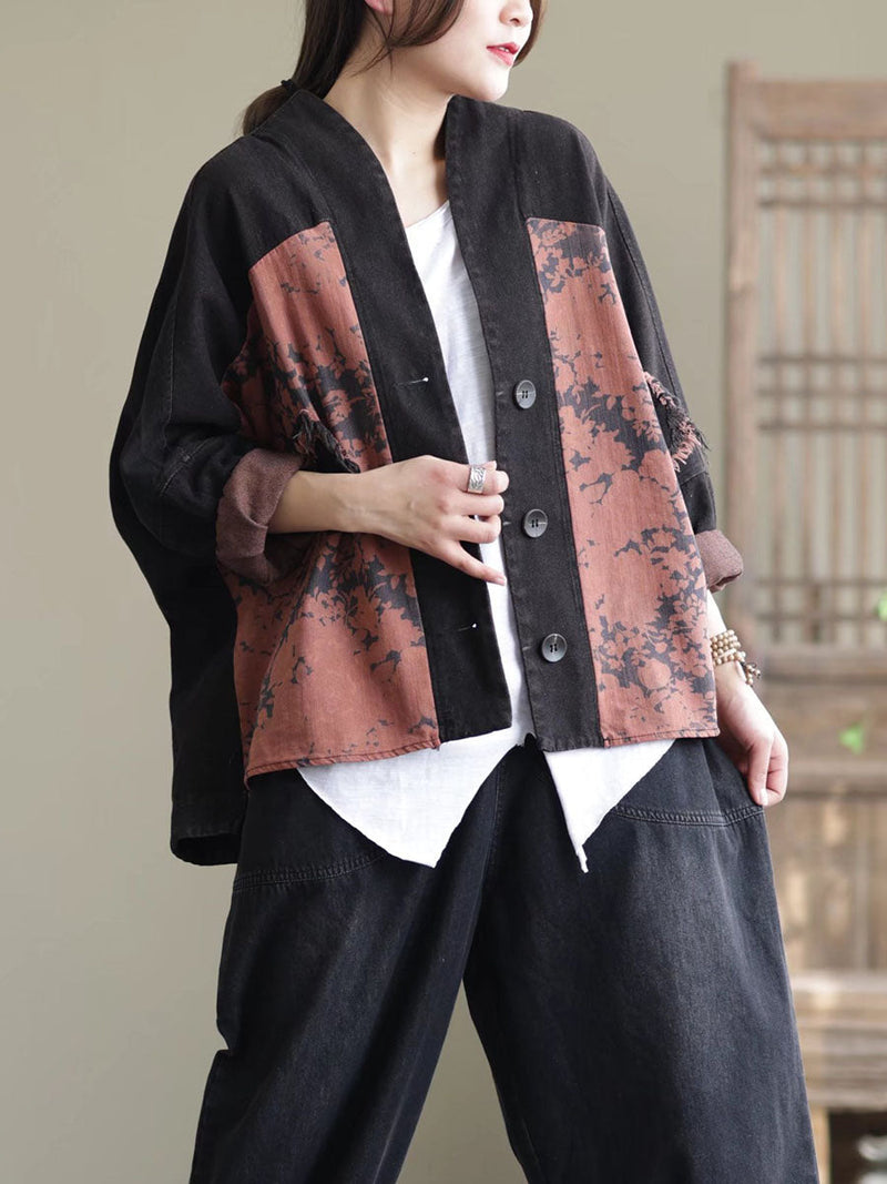 Spring Artsy Spliced Tie-dye Button Denim Coat
