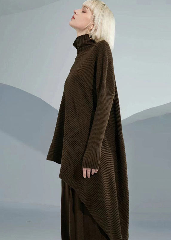 Diy Coffee Turtle Neck Asymmetrical Wool Sweater Tops Long Sleeve