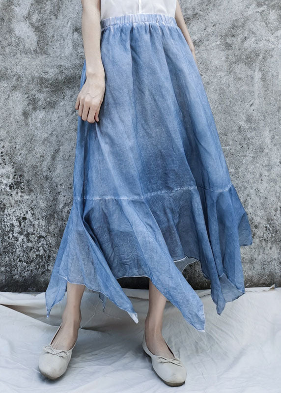 Blue Elastic Waist Asymmetrical Patchwork Cotton Skirt Summer