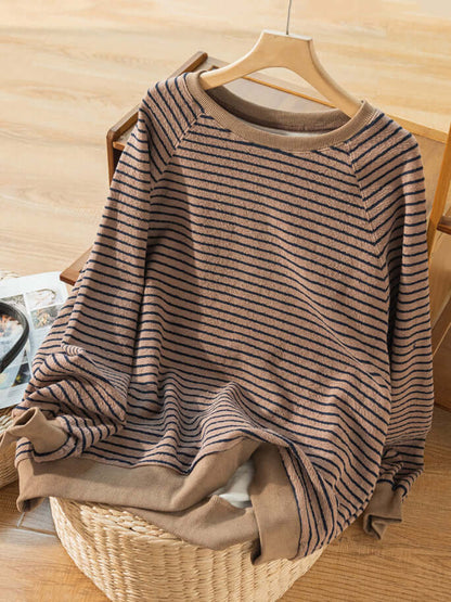 100% Natural Material Striped Art Retro Loose T-shirt Pullover