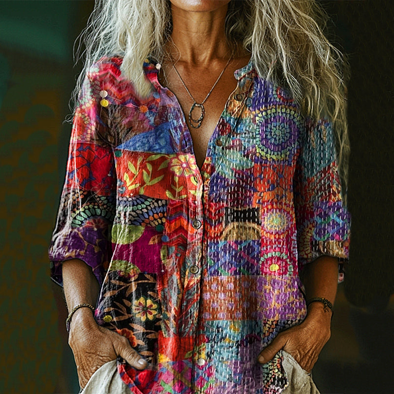 Women's Bohemian Floral Patchwork Print Cotton And Linen Shirt elevenforest