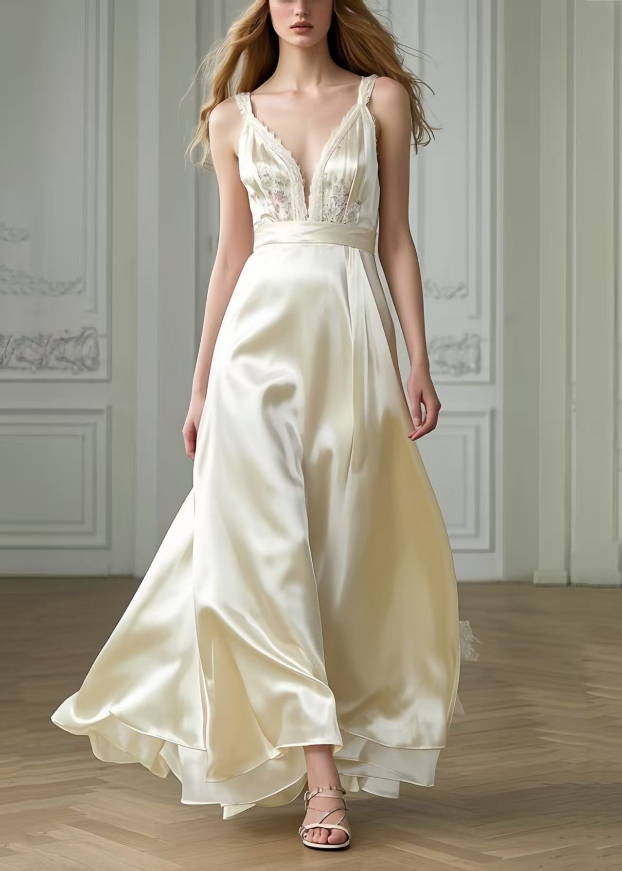 Milk White Exra Large Hem Draping Silk Party Dresses Summer
