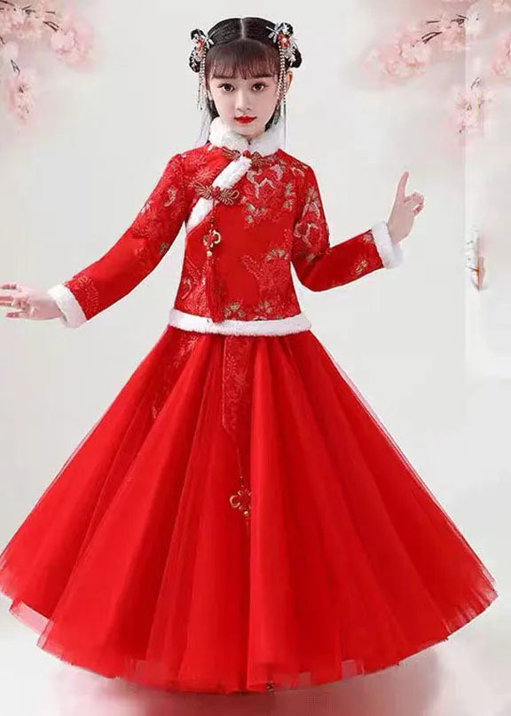 Style Pink Embroideried Warm Fleece Coats and Tulle Maxi Skirts Two Pieces Set Long Sleeve