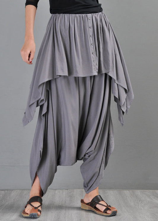 Grey Pockets Draping Cotton Pants Skirt Summer