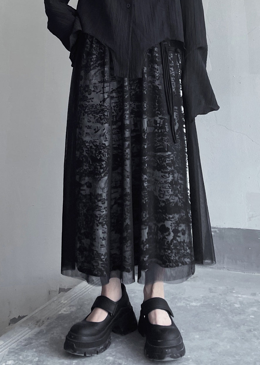 Black Print Elastic Waist Patchwork Tulle Skirt Summer