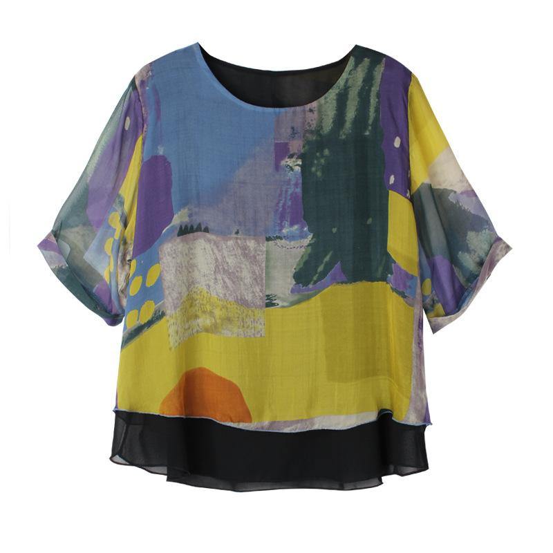 Stylish Yellow Blue Half Sleeve Chiffon Summer Shirt