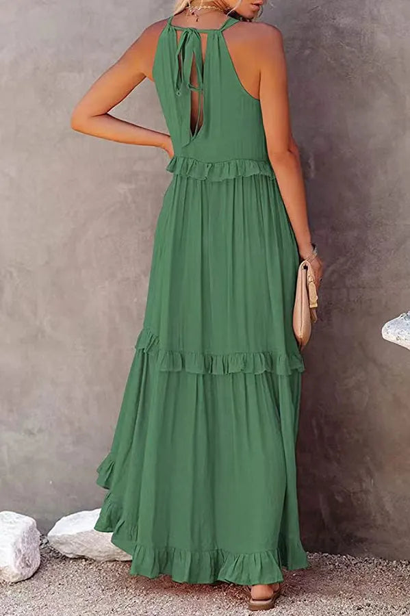 Blue Vittoria Shirred Ruffle Tiered Maxi Halter Dress