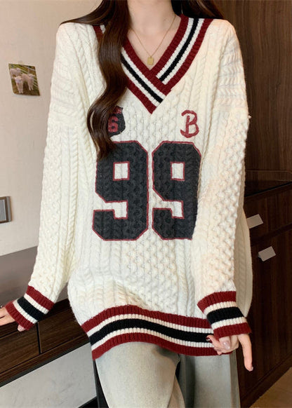 White Oversized Embroidered Knit Sweater Tops Fall