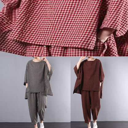 Cotton Linen Red Plaid Blouse and Pants Two Pieces Set(limited Stock)