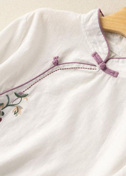 White Embroidered Button Blouse Tops Half Sleeve
