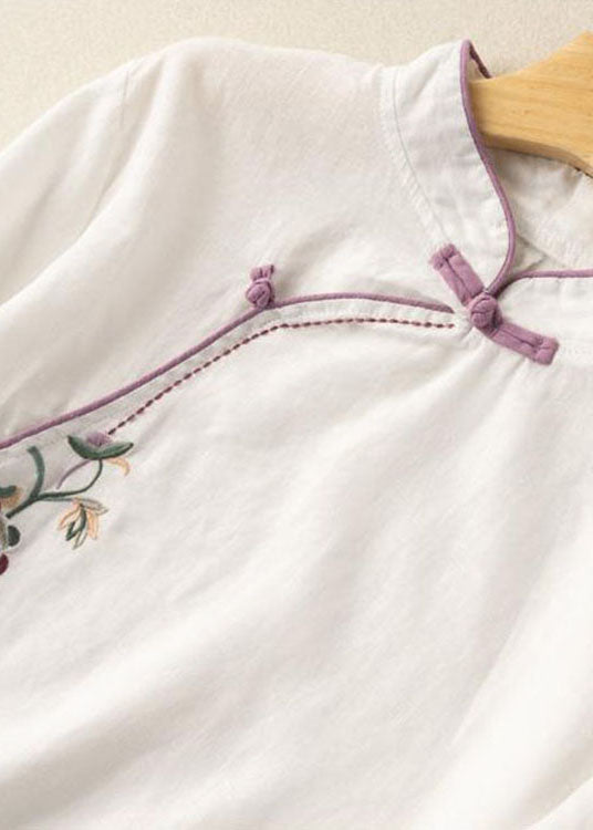 White Embroidered Button Blouse Tops Half Sleeve