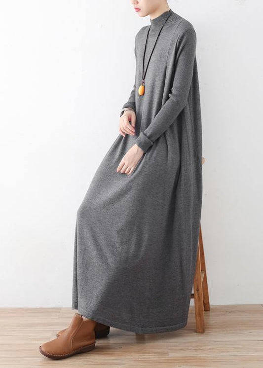 Modern High Neck Batwing Sleeve Falltunic Dresswork Gray Robes Dress