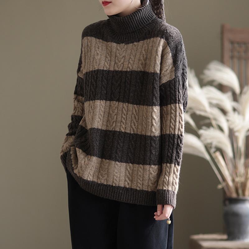 Winter Thick Stripe Turtleneck Loose Retro Sweater