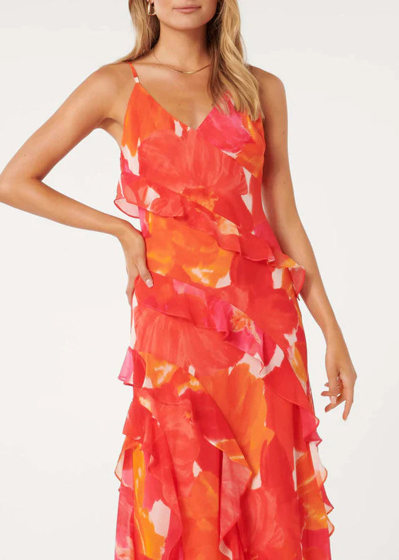 Red V Neck Ruffled Print Chiffon Spaghetti Strap Dress Sleeveless