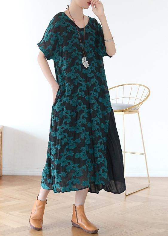 V Neck Pockets Tunic Top Design Green Print a Line Dresses