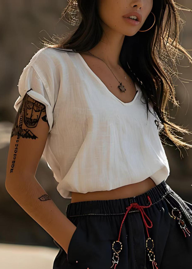 Stylish White V-neck Cotton Short T Shirts Tops Summer