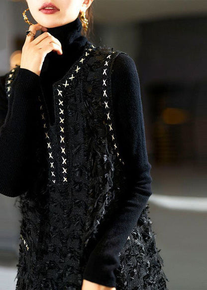 Black V Neck Patchwork Tassel Mid Dress Fall
