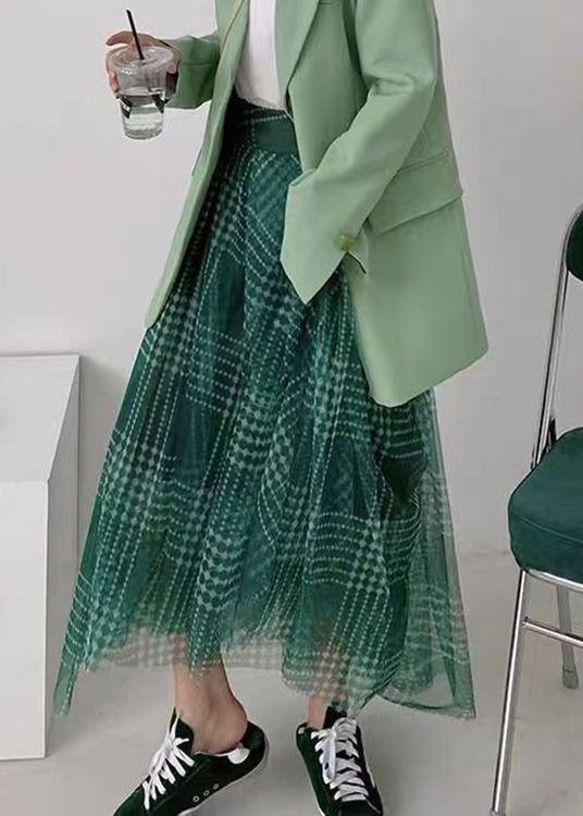 Green Plaid Asymmetrical High Waist Patchwork Tulle Skirts Summer