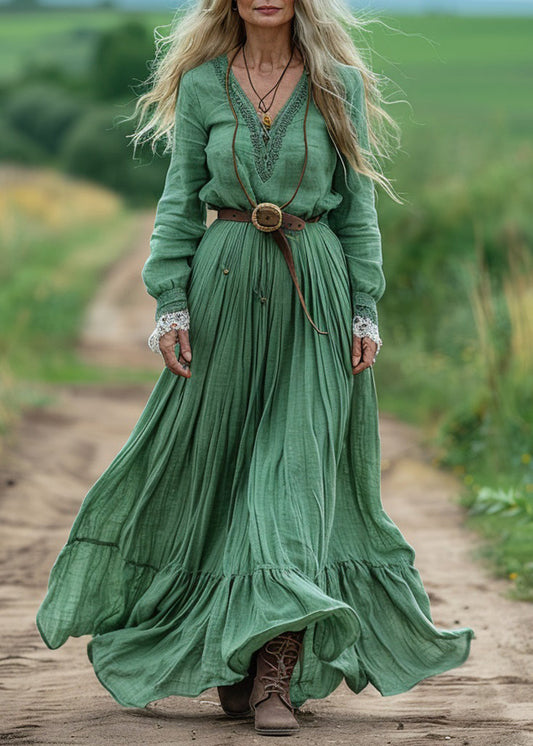 Green V Neck Wrinkled Patchwork Cotton Dresses Spring