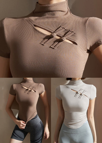 Khaki Hollow Out Button Modal Cotton Yoga Wrap Top
