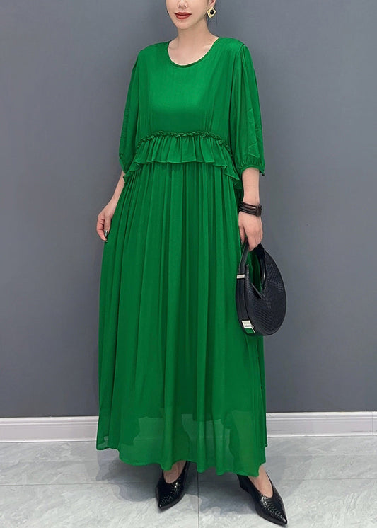 Loose Green O-neck Ruffled Chiffon Long Dress Half Sleeve