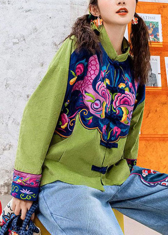 Unique Red Button Stand Collar Embroideried Corduroy Coat