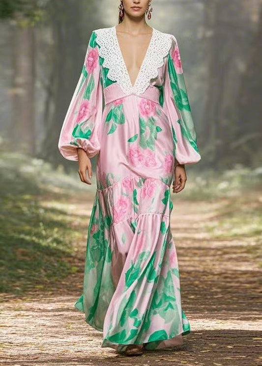 Pink V Neck Print Patchwork Silk Long Dress Lantern Sleeve