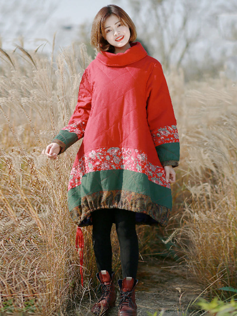 Winter Patchwork Pocket Pullover Loose Coat