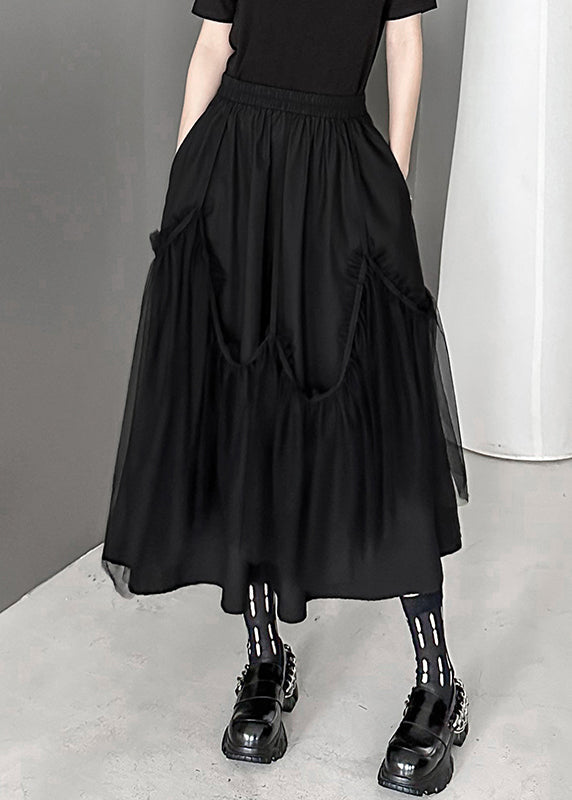 Black Wrinkled Pockets Elastic Waist Tulle Patchwork Skirts Fall