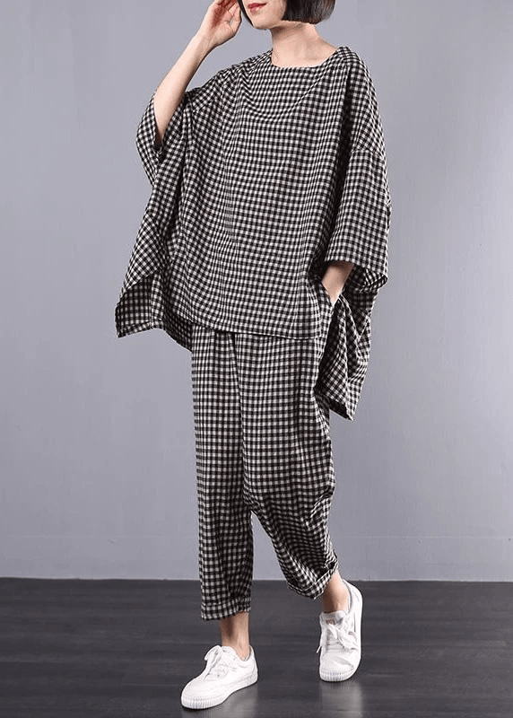 Cotton Linen Red Plaid Blouse and Pants Two Pieces Set(limited Stock)