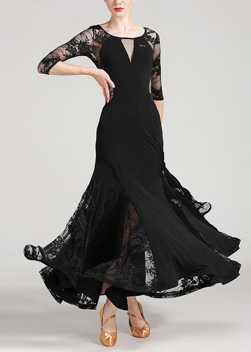 Black O Neck Lace Patchwork Dresses Half Sleeve