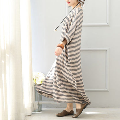 Gray Striped Long Linen Dresses Loose Fitting O Neck Gown Fine Batwing Sleeve Kaftans