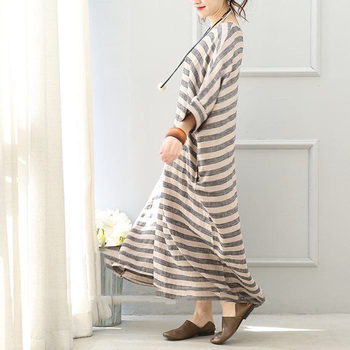 Gray Striped Long Linen Dresses Loose Fitting O Neck Gown Fine Batwing Sleeve Kaftans